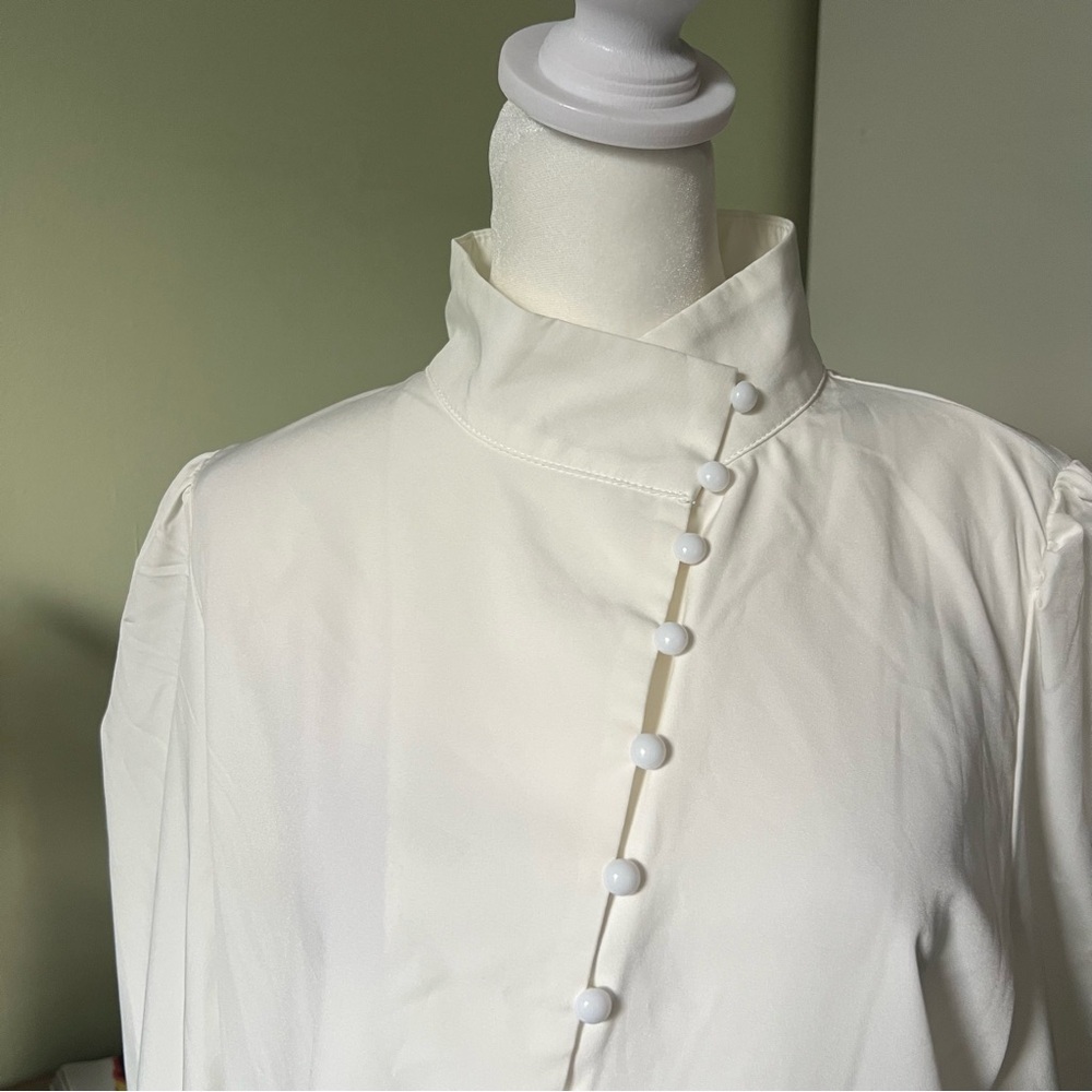Off-White High Mock-Neck Long Sleeve Modest Asymmetrical Button Dow Shirt Blouse - Picture 4 of 16